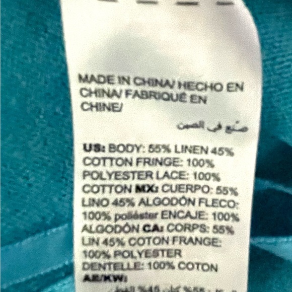 Chico's Turquoise Blue linen/cotton cardigan Top with fringe and lace trim - Picture 6 of 8